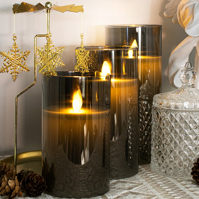 Paquete de 3 velas de vidrio grises sin llama con control remoto