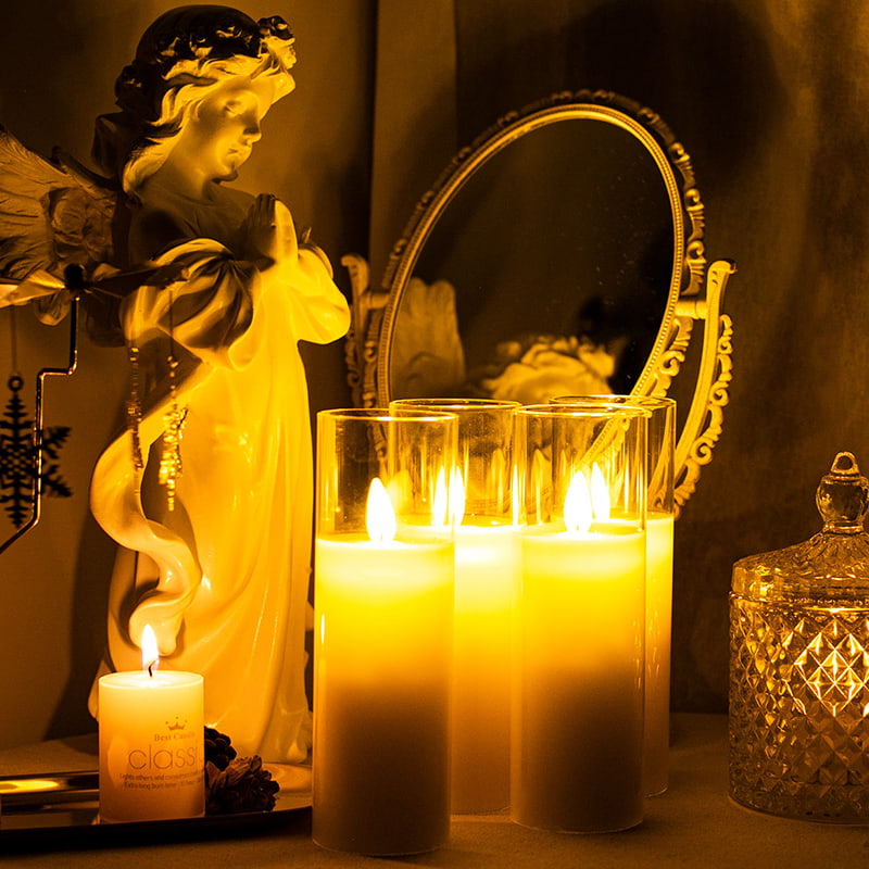 Juego de 4 velas de vidrio delgadas alimentadas por batería de color marfil