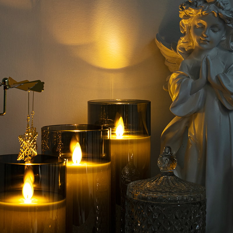 Paquete de 3 velas de vidrio grises sin llama con control remoto