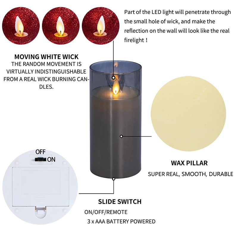 Paquete de 3 velas de vidrio grises sin llama con control remoto