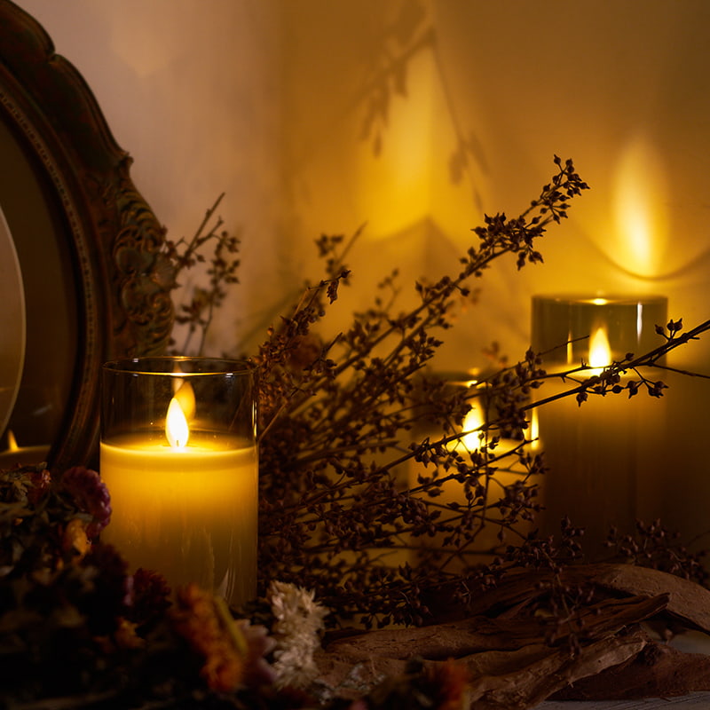 Paquete de 3 velas de vidrio grises sin llama con control remoto